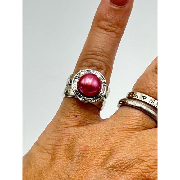 Didae Israel Sterling Silver Dyed Red Pearl Ring Size 5 925 Hammered Design - Picture 7 of 11
